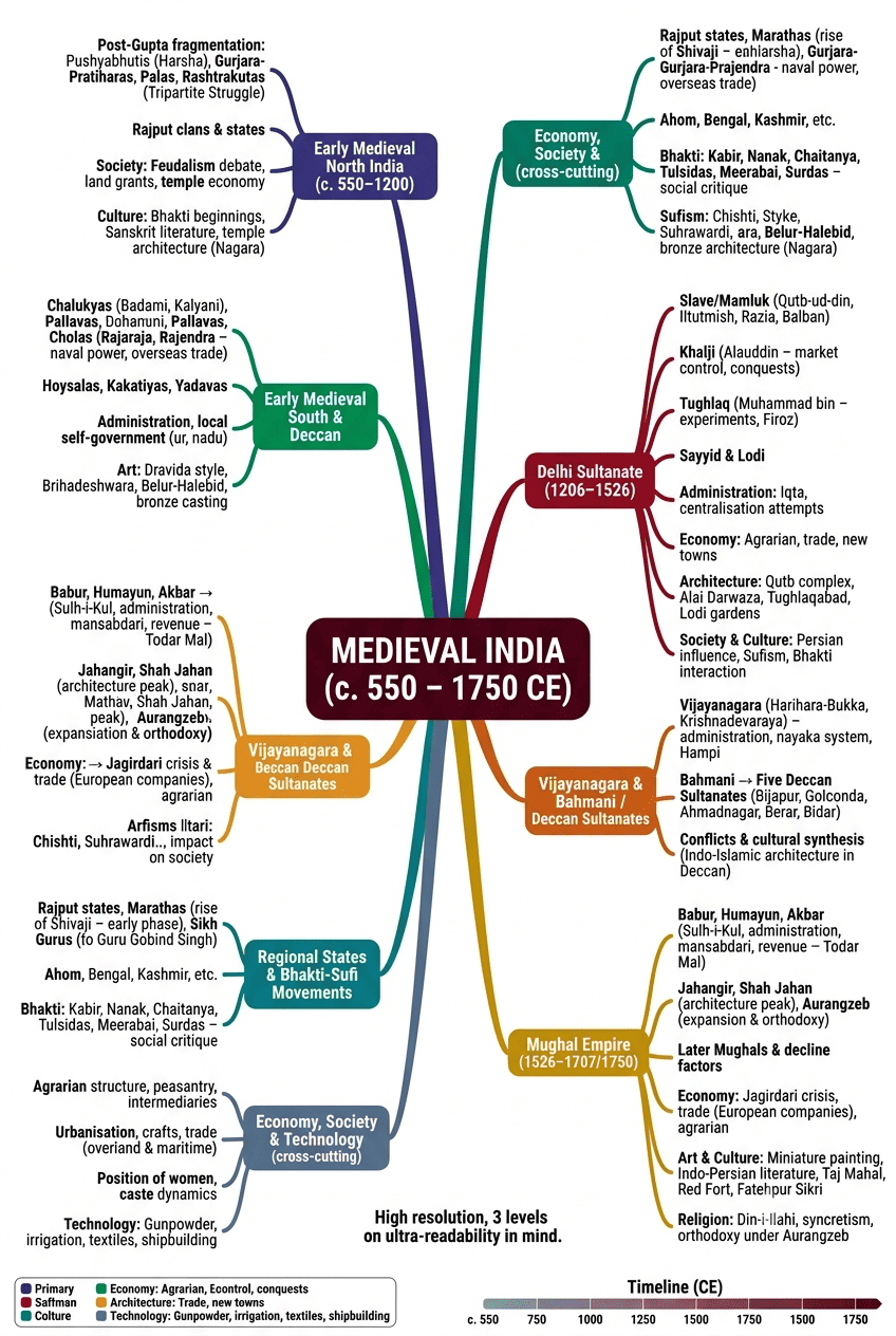 Medieval India Mind Map — Every Theme, Connected